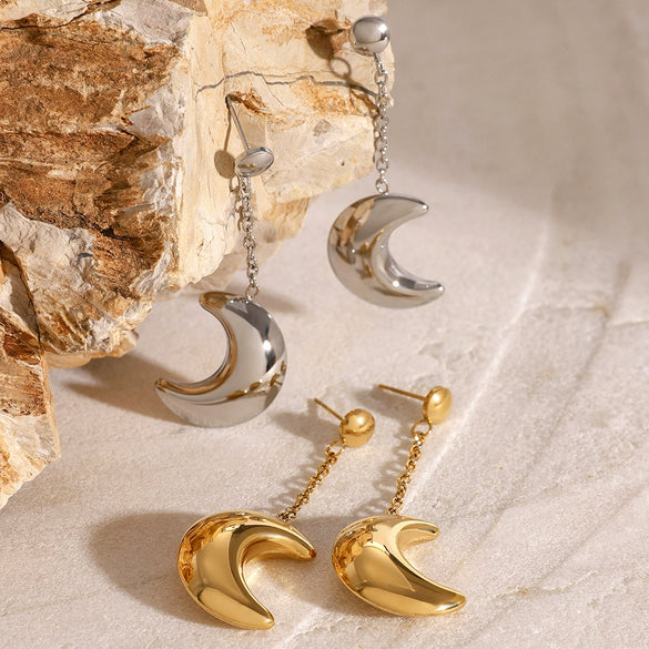 Stainless Steel Geometric Tassel Moon Pendant Earrings Electroplated For Women