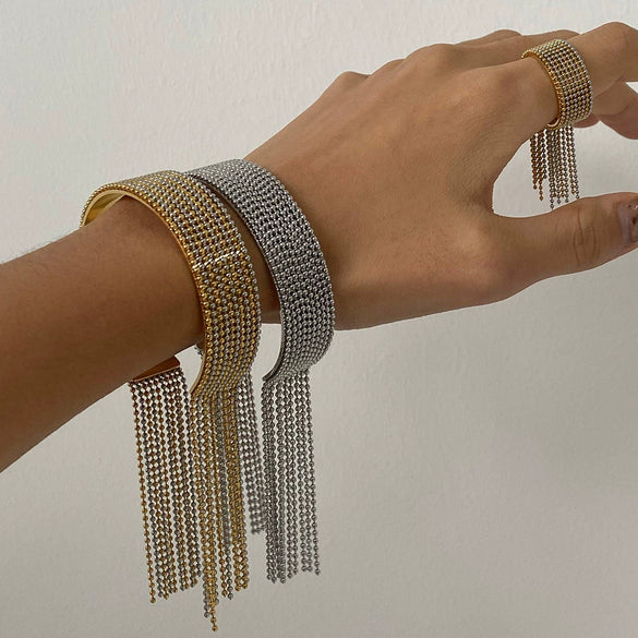Stainless Steel Geometric Tassel Opening Bracelet Ring Electroplated Jewelry