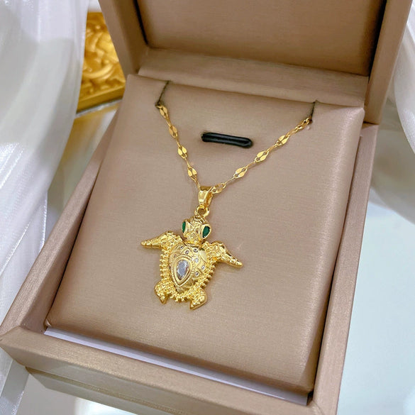Stainless Steel Geometric Turtle Zircon Pendant Necklace For Women