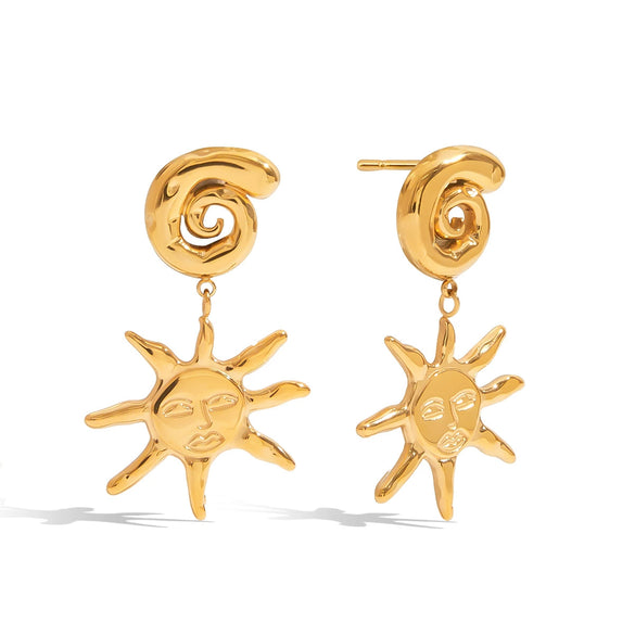 Stainless Steel Geometric Vintage Sun Pendant Earrings Electroplated