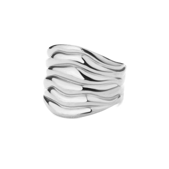 Stainless Steel Geometric Wave Texture Wide Ring Unisex Light Luxury Electroplated