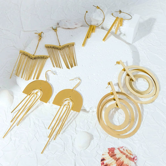 Stainless Steel Geometric Wind Chimes Tassel Earrings For Women With Electroplating Treatment