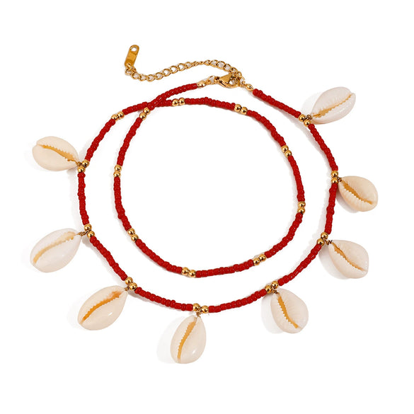 Stainless Steel Geometric Women's Anklets With Rice Beads Tooth Shell And 18K Gold