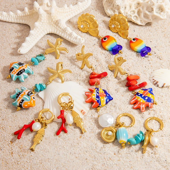 Stainless Steel Geometric Women's Earrings With Electroplating Marine Series Small Fish Shell Jewelry Pendants Light Luxury Style