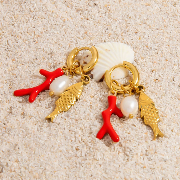 Stainless Steel Geometric Women's Earrings With Electroplating Marine Series Small Fish Shell Jewelry Pendants Light Luxury Style