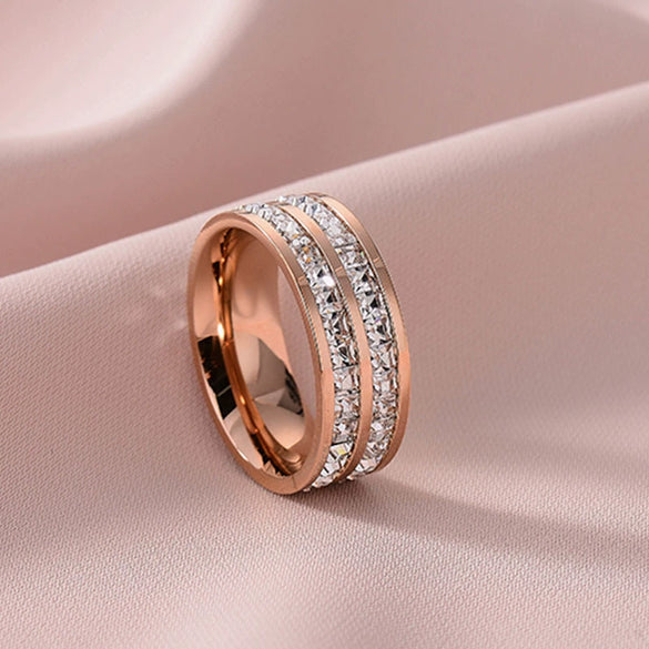 Stainless Steel Geometry Couple Ring With Single Or Double Row Square Crystal Inlay Electroplated Simple Band For Women