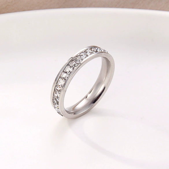 Stainless Steel Geometry Couple Ring With Single Or Double Row Square Crystal Inlay Electroplated Simple Band For Women