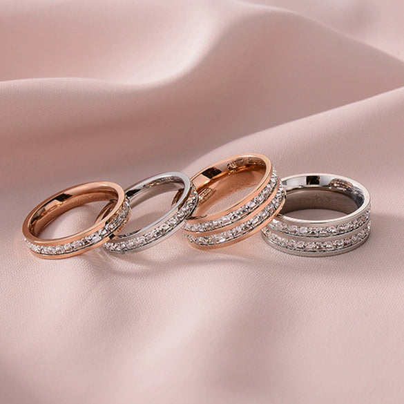 Stainless Steel Geometry Couple Ring With Single Or Double Row Square Crystal Inlay Electroplated Simple Band For Women