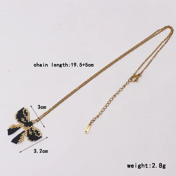 Wholesale Jewelry Casual Elegant Bow Knot 304 Stainless Steel Glass Beads Gold Plated Braid Pendant Necklace