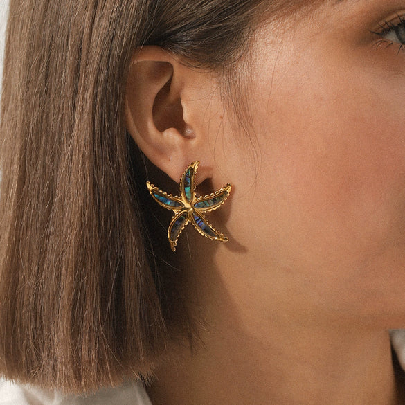 Stainless Steel Glued Abalone Starfish And Star Earrings Geometric And Animal Style