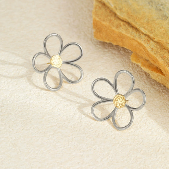 Stainless Steel Gold And Silver Color Matching Geometric And Flower Cut Out Electroplated Women's Earrings