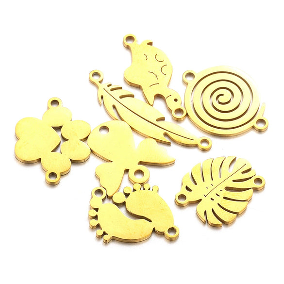 Stainless Steel Gold Plated Bear Paw Feather Dinosaur Double Hole Pendant Connector Jewelry Accessories Electroplated Cartoon Style