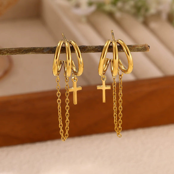 Stainless Steel Gold Plated Cross Tassel Chain Drop Earrings For Women And Men Trendy Unisex Statement Jewelry