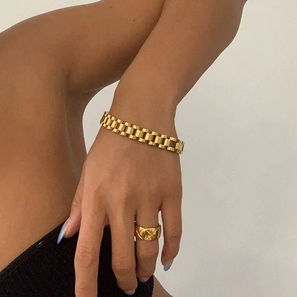 Stainless Steel Gold Plated Detachable Wristband Bracelet With Geometric Design For Unisex