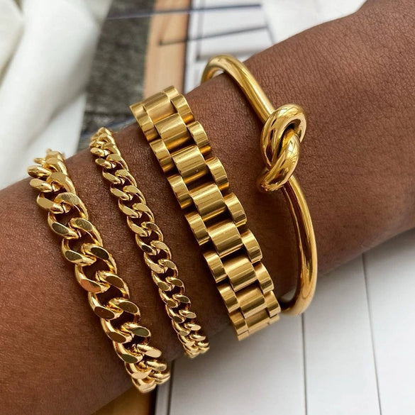Stainless Steel Gold Plated Detachable Wristband Bracelet With Geometric Design For Unisex