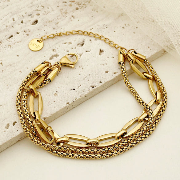 Stainless Steel Gold Plated Geometric Hollow Double Layer Fashion Women's Bracelet Jewelry