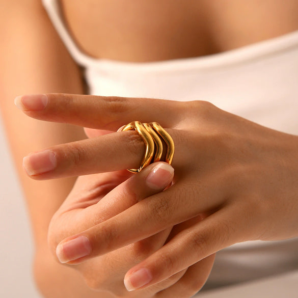 Stainless Steel Gold Plated Geometric Wave Shaped Women's Ring