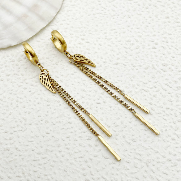 Stainless Steel Gold Plated Geometric Wings Tassel Earrings