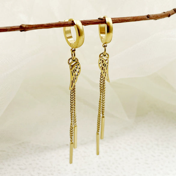 Stainless Steel Gold Plated Geometric Wings Tassel Earrings
