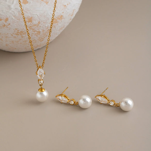 Stainless Steel Gold Plated Marquise Zircon Pearl Pendant Earring And Necklace Set For Women With Irregular Chain