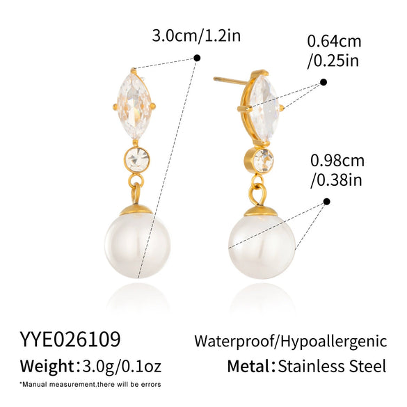 Stainless Steel Gold Plated Marquise Zircon Pearl Pendant Earring And Necklace Set For Women With Irregular Chain