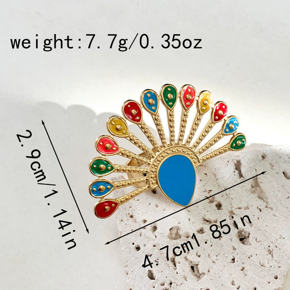 Stainless Steel Gold Plated Open Ring With Colorful Dripping Sunflower Peacock Open Screen Design Electroplated Geometric Style Unisex
