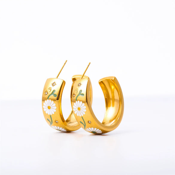 Stainless Steel Gold Plated Painted Floral Geometric Cshaped Women's Earrings