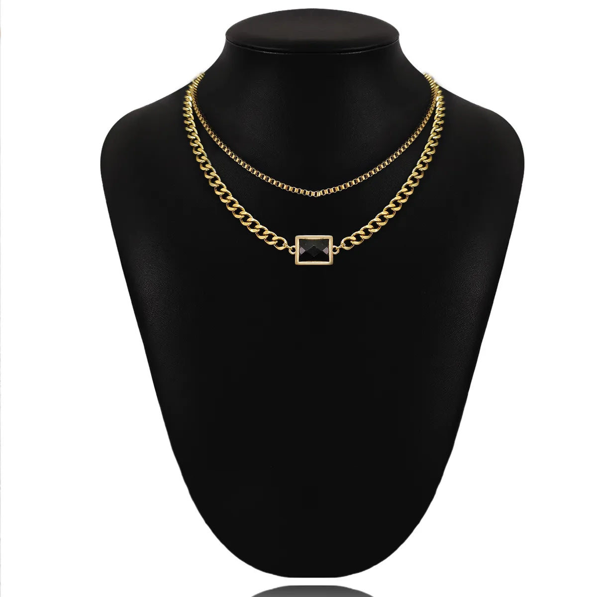 Stainless Steel Gold Plated Retro Roman Style Geometric Inlay Artificial Gemstones Double Layer Necklaces