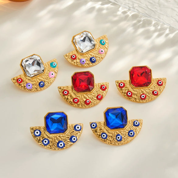 Stainless Steel Gold Plated Rhinestone Fan Shaped Geometric Oil Drip Drop Earrings For Women