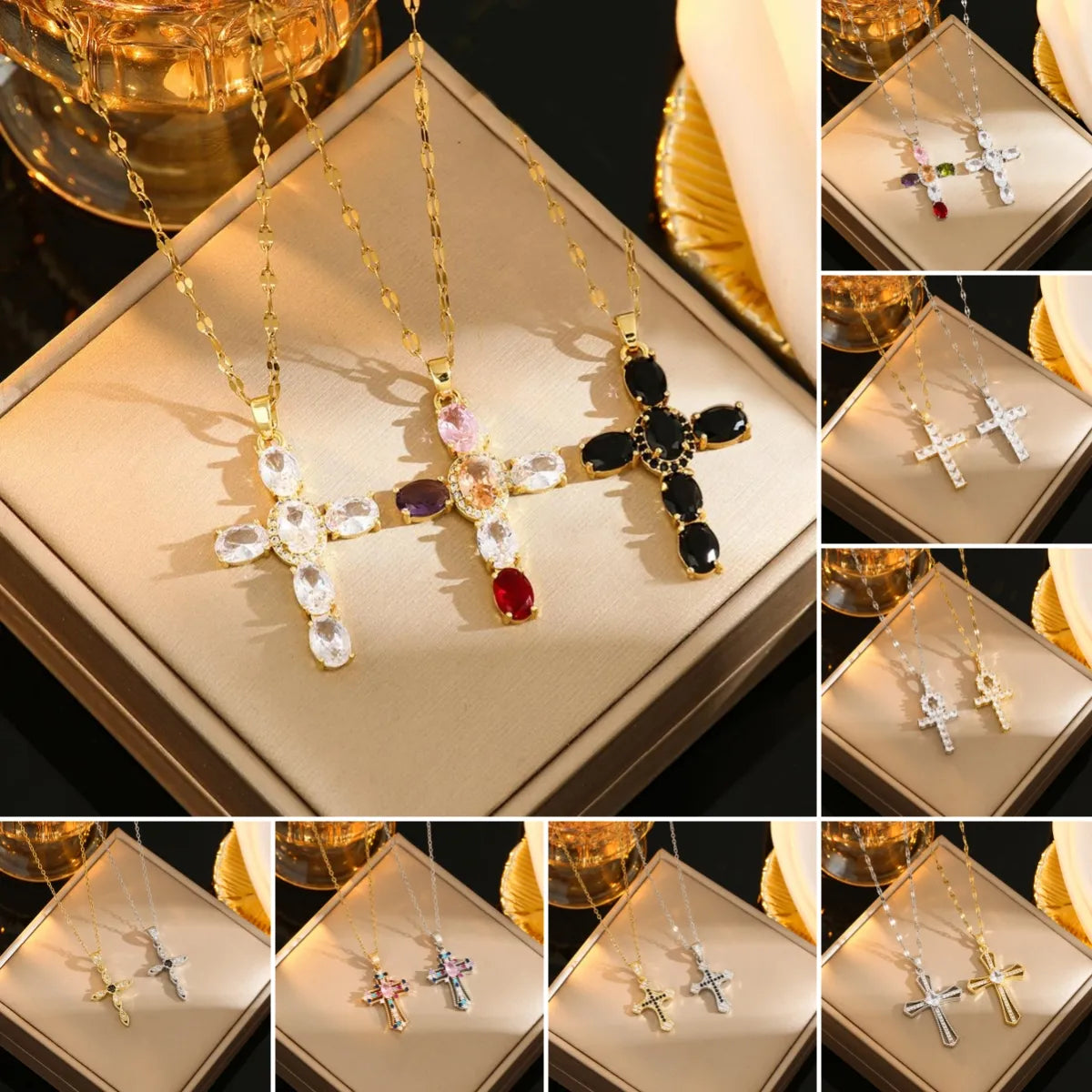 Stainless Steel Gold Plated Silver Plated Casual Commute Cross Inlay Zircon Pendant Necklace