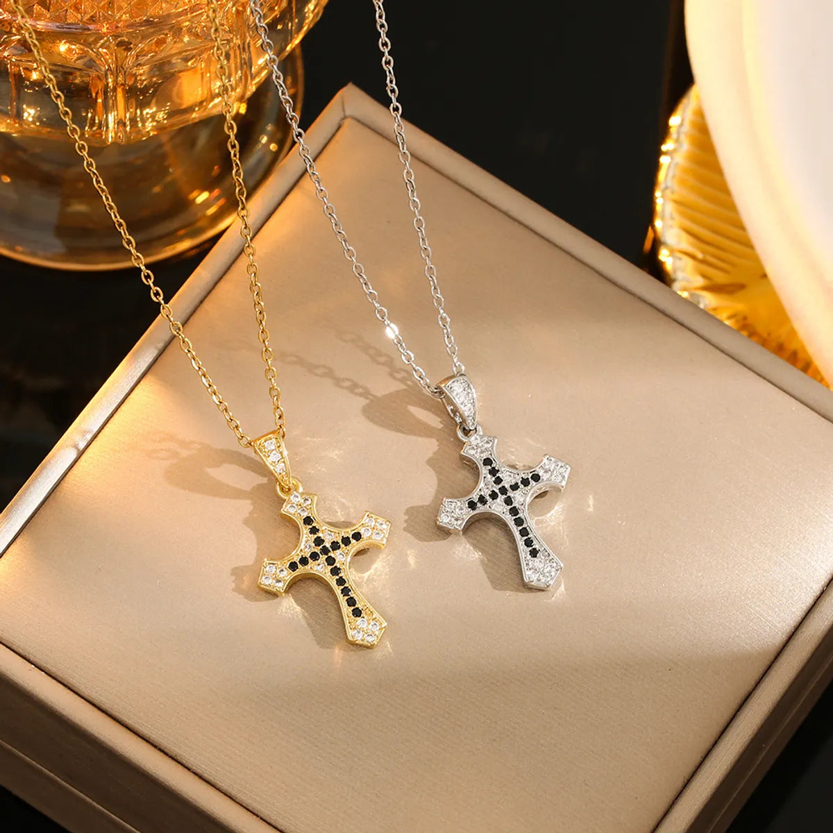 Stainless Steel Gold Plated Silver Plated Casual Commute Cross Inlay Zircon Pendant Necklace