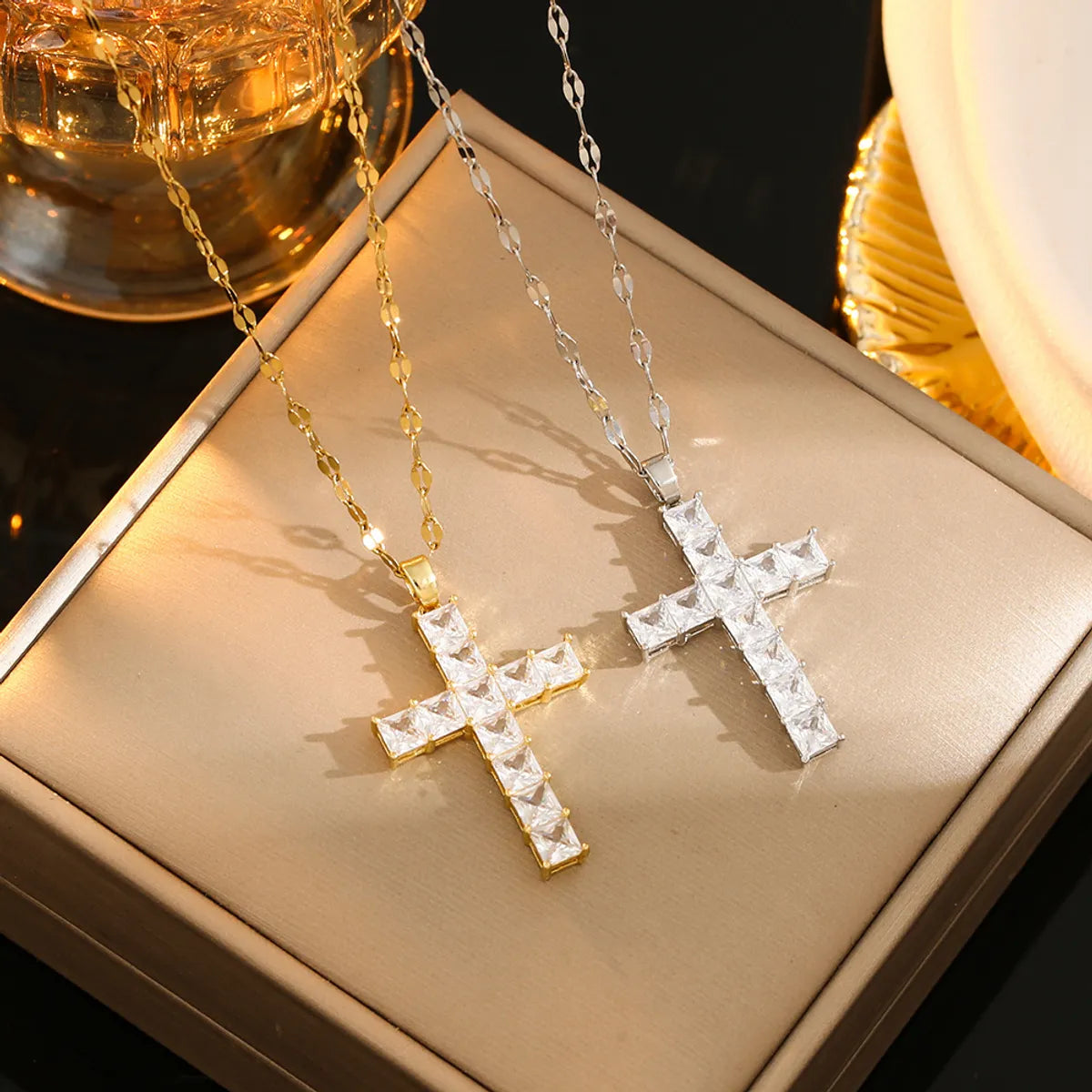 Stainless Steel Gold Plated Silver Plated Casual Commute Cross Inlay Zircon Pendant Necklace