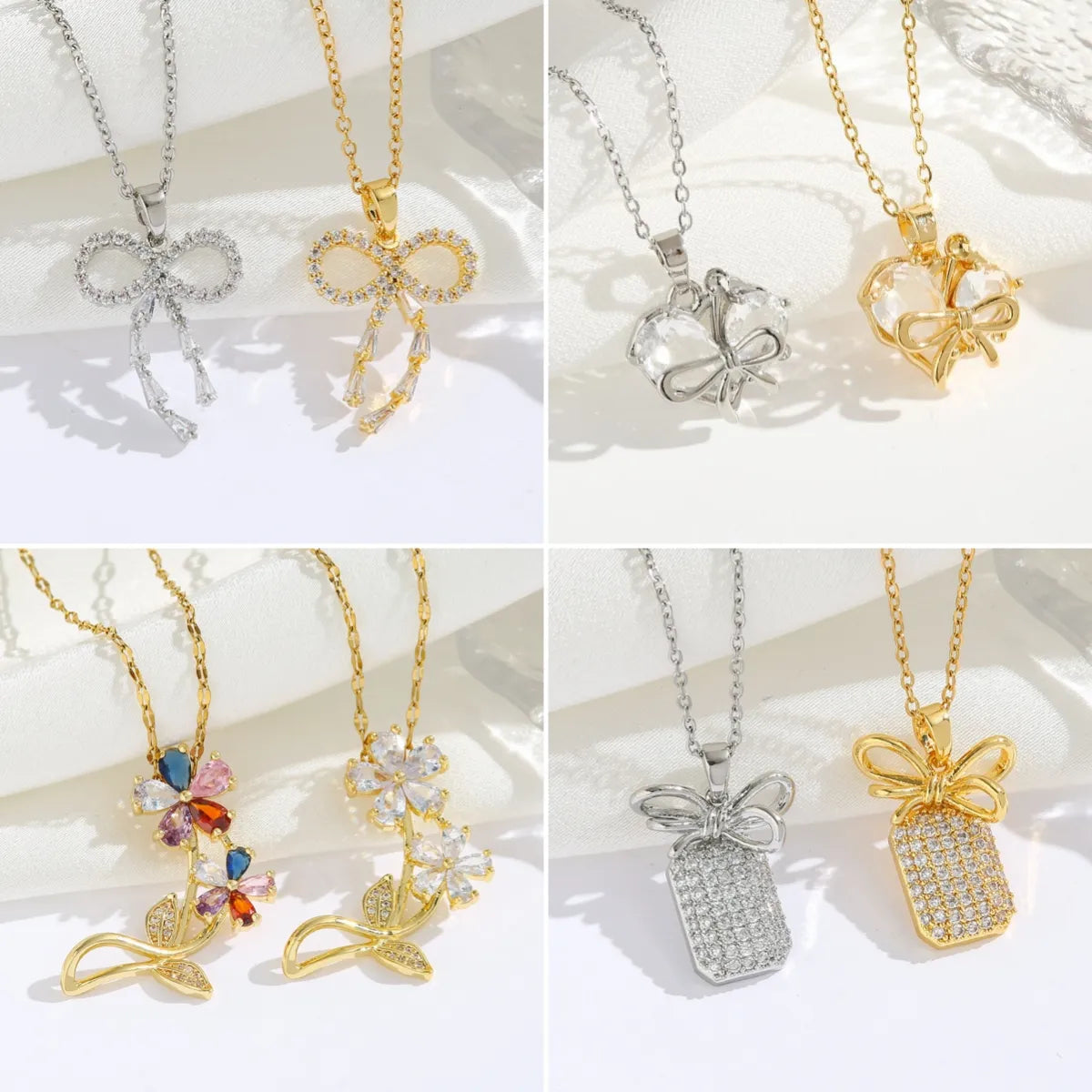 Stainless Steel Gold Plated Silver Plated Casual Commute Heart Shape Bow Knot Plating Diamond Zircon Pendant Necklace