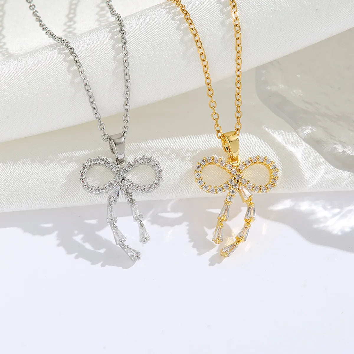 Stainless Steel Gold Plated Silver Plated Casual Commute Heart Shape Bow Knot Plating Diamond Zircon Pendant Necklace