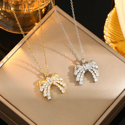 Stainless Steel Gold Plated Silver Plated Casual Commute Heart Shape Mermaid Bow Knot Hollow Out Inlay Zircon Pendant Necklace