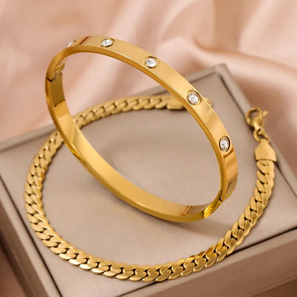 Stainless Steel Gold Plated Silver Plated Simple Style Inlay Solid Color Rhinestones Bracelets