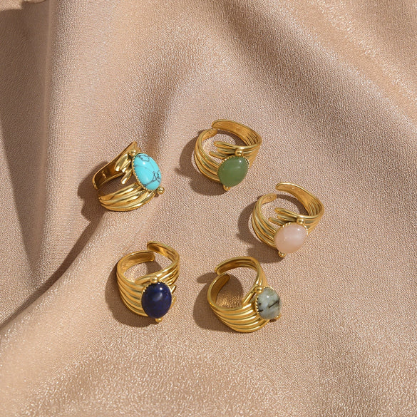 Stainless Steel Gold Ring With Turquoise Inlay Geometric Style Open Ring