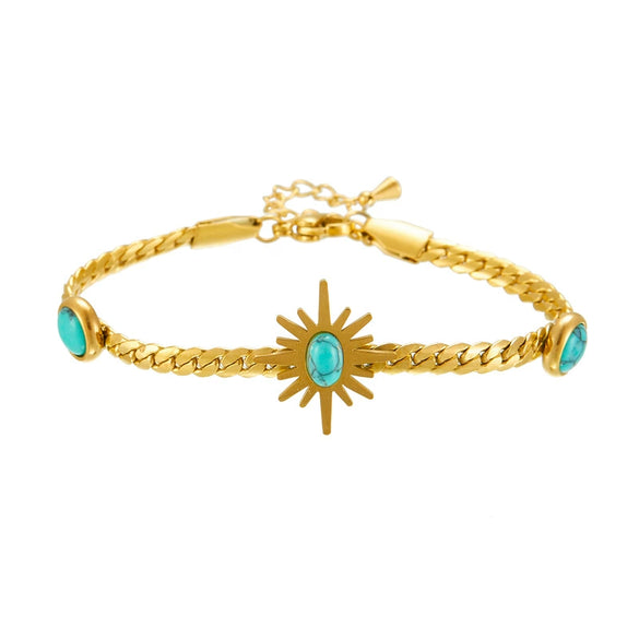 Stainless Steel Goldplated Braided Twist Chain Fanshaped Eightpointed Star Blue Turquoise Bracelet