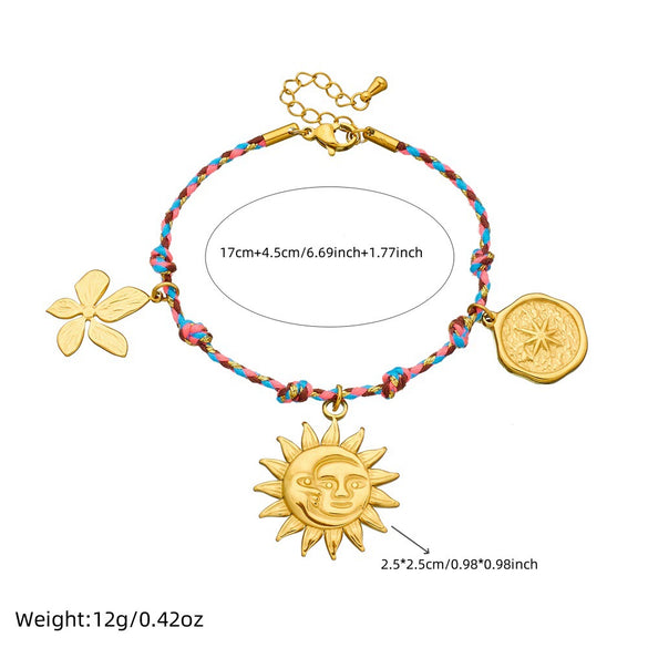 Stainless Steel Goldplated Flower Round Pendant Braided Rope Women's Bracelet With Electroplating