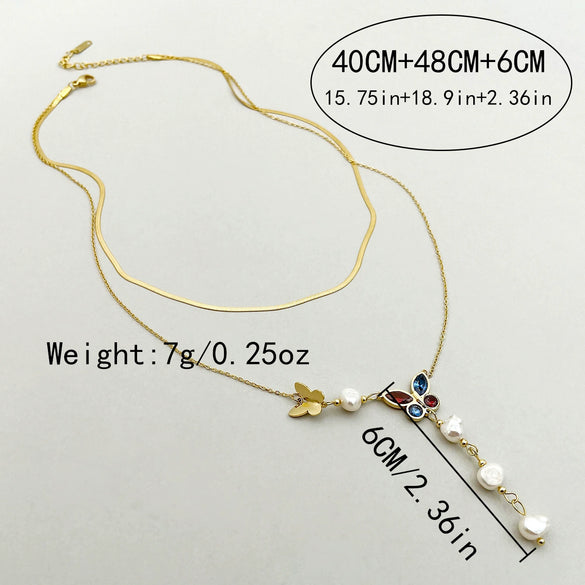Stainless Steel Goldplated Gemstone Butterfly Multilayer Women's Necklace With Insect Pattern And Electroplating Treatment