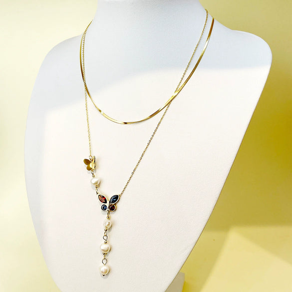 Stainless Steel Goldplated Gemstone Butterfly Multilayer Women's Necklace With Insect Pattern And Electroplating Treatment