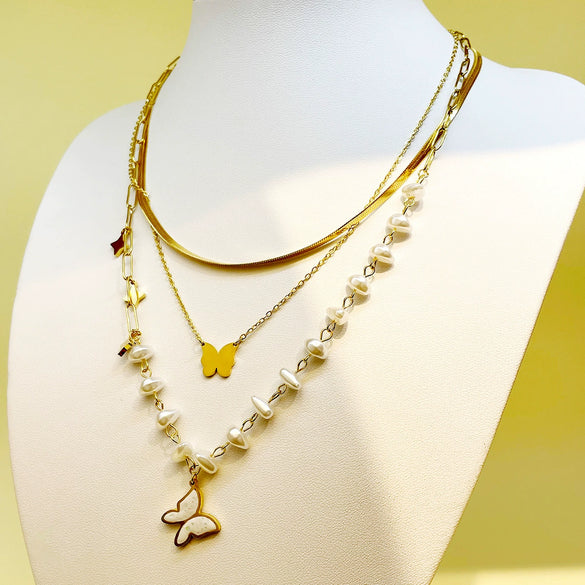 Stainless Steel Goldplated Gemstone Butterfly Multilayer Women's Necklace With Insect Pattern And Electroplating Treatment