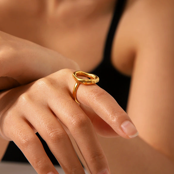 Stainless Steel Goldplated Geometric Ring With Opening Ring Design And Electroplating Process