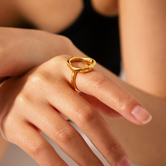 Stainless Steel Goldplated Geometric Ring With Opening Ring Design And Electroplating Process