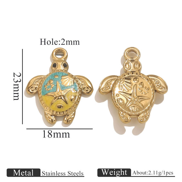 Stainless Steel Goldplated Handmade Turtle And Squareoval Pendant Jewelry Making Materials With Oil Dripping And Ocean Element Design