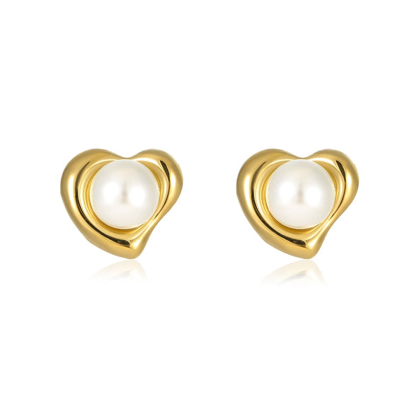 Stainless Steel Goldplated Heart Inlaid Pearl Earrings Retro Light Luxury Style