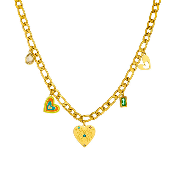 Stainless Steel Goldplated Heart Shape Pendant Side Chain Necklace With Drop Oil Design