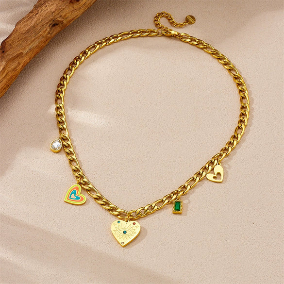 Stainless Steel Goldplated Heart Shape Pendant Side Chain Necklace With Drop Oil Design