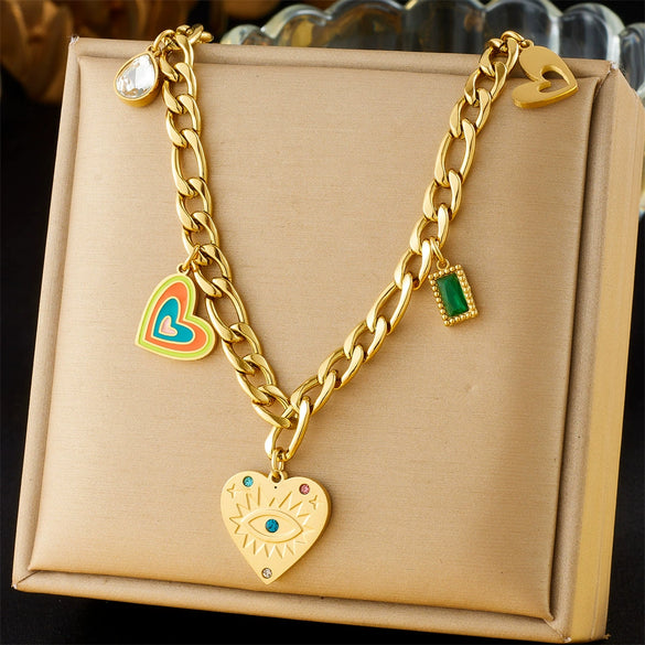 Stainless Steel Goldplated Heart Shape Pendant Side Chain Necklace With Drop Oil Design