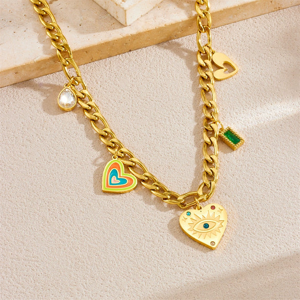 Stainless Steel Goldplated Heart Shape Pendant Side Chain Necklace With Drop Oil Design